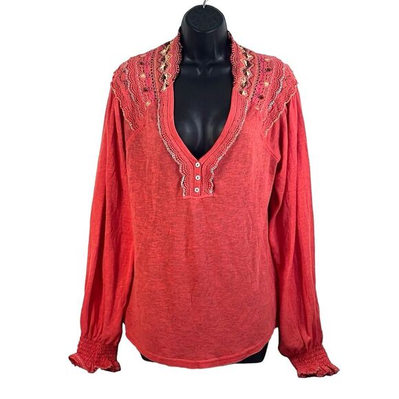 Free People Tops - FREE PEOPLE Siesta Fiesta Embroidered Boho Top oversized S/P coral red